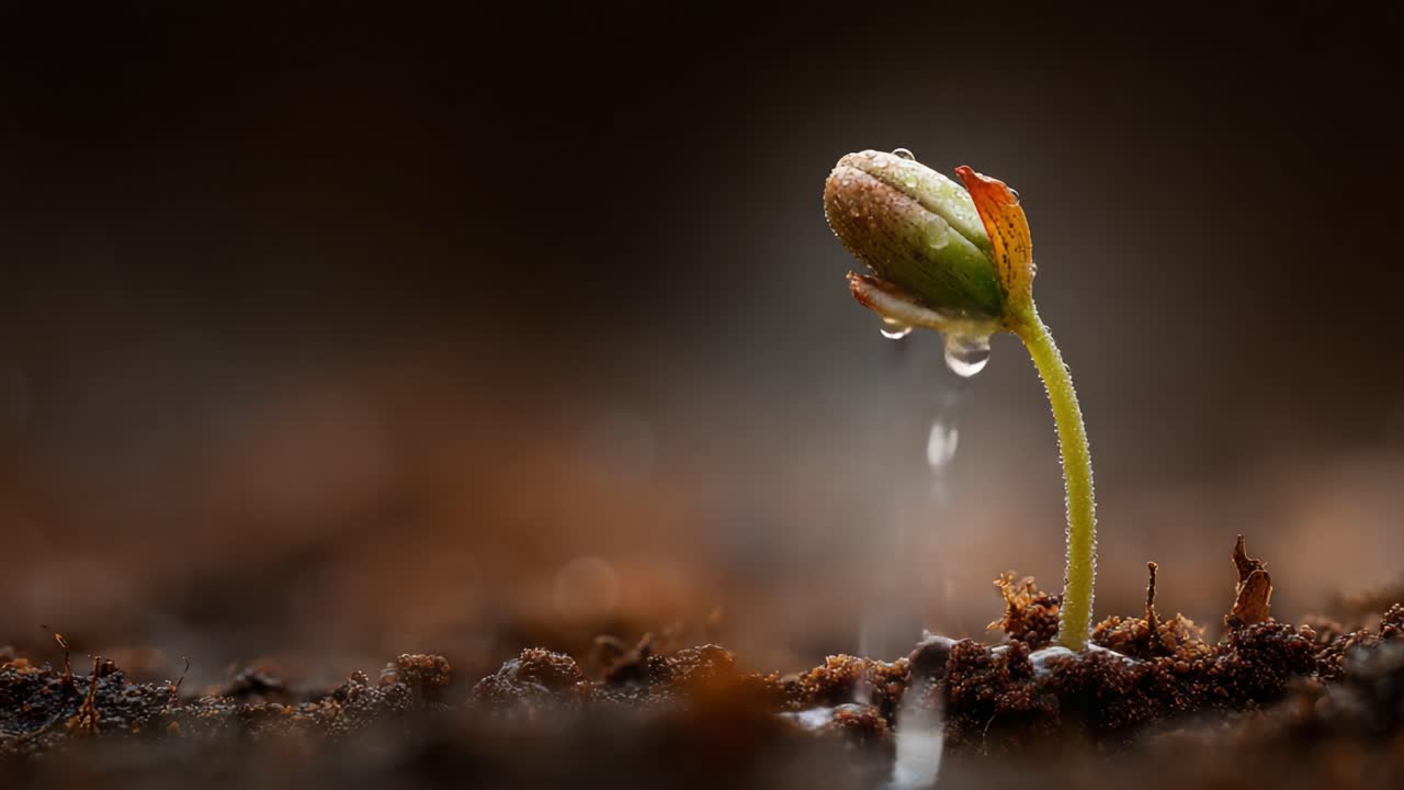 Crescita accattivante: un primo piano di una giovane piantina che emerge dal terreno, evidenziando le delicate goccioline d'acqua che adornano le sue tenere foglie alla luce del primo mattino