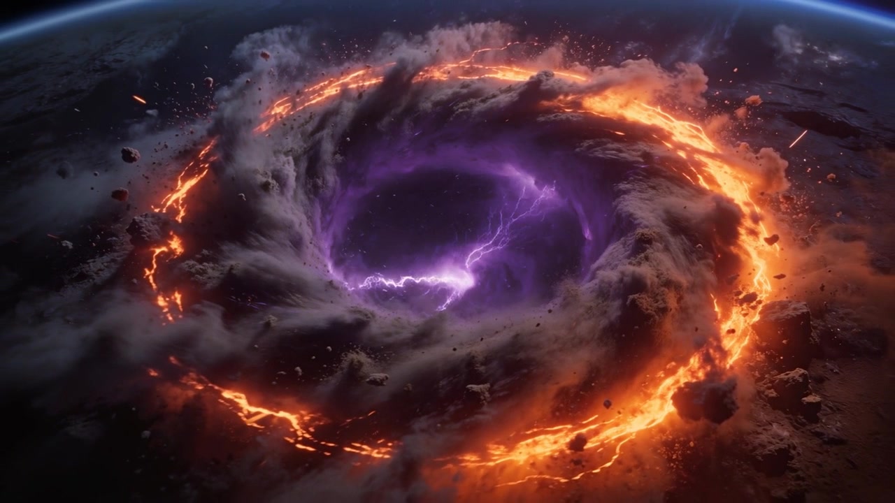 Forming swirling vortex with dark void over limb, molten ring igniting purple lightning and debris