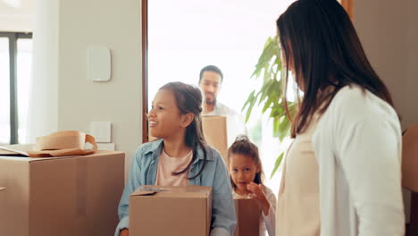 family, front door and new home with children