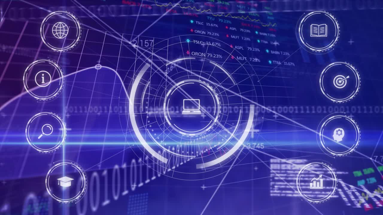 Blue light beam sweeping rotating ring building around laptop rising percentages showing dashboard