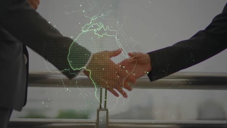 concepto de apretón de manos, apretones de manos de dos hombres de negocios en el fondo del planeta tierra, fondo con mapa digital, mundo de los negocios apretar de manos con mapas del mundo renderizados con gráficos por computadora.