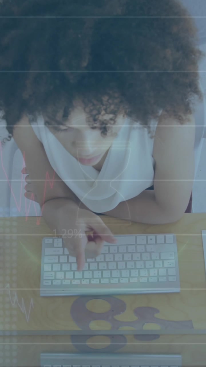 Animation of financial data processing over businesswoman working in office