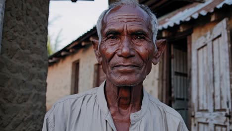 elderly farmer wearing light brown shirt standing calmly in front of traditional rural house, representing authentic agricultural lifestyle in developing world