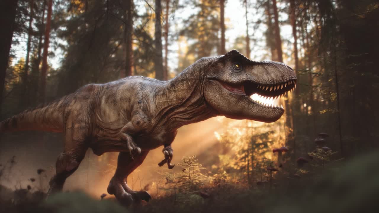 Un maestoso Tyrannosaurus Rex che vaga in una foresta illuminata dal sole, catturando la meraviglia e la potenza di questo iconico dinosauro nel suo habitat naturale, mostrando uno sbalorditivo realismo.