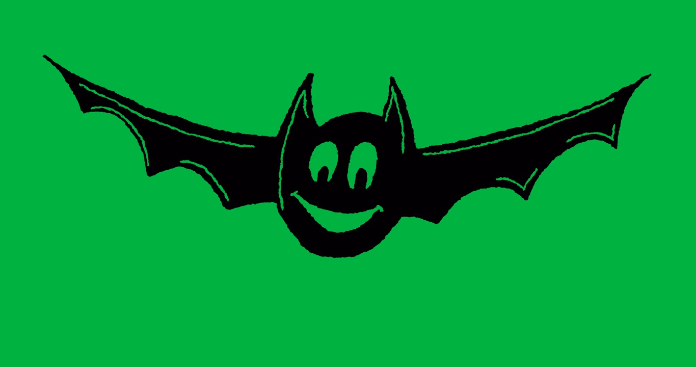 Animazione di un disegno di pipistrello nero in movimento su sfondo bianco.