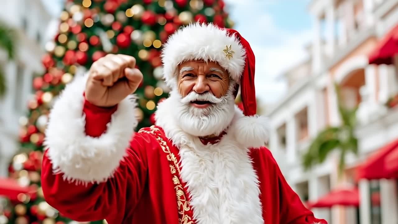 A man dressed as Santa Claus pointing at the camera