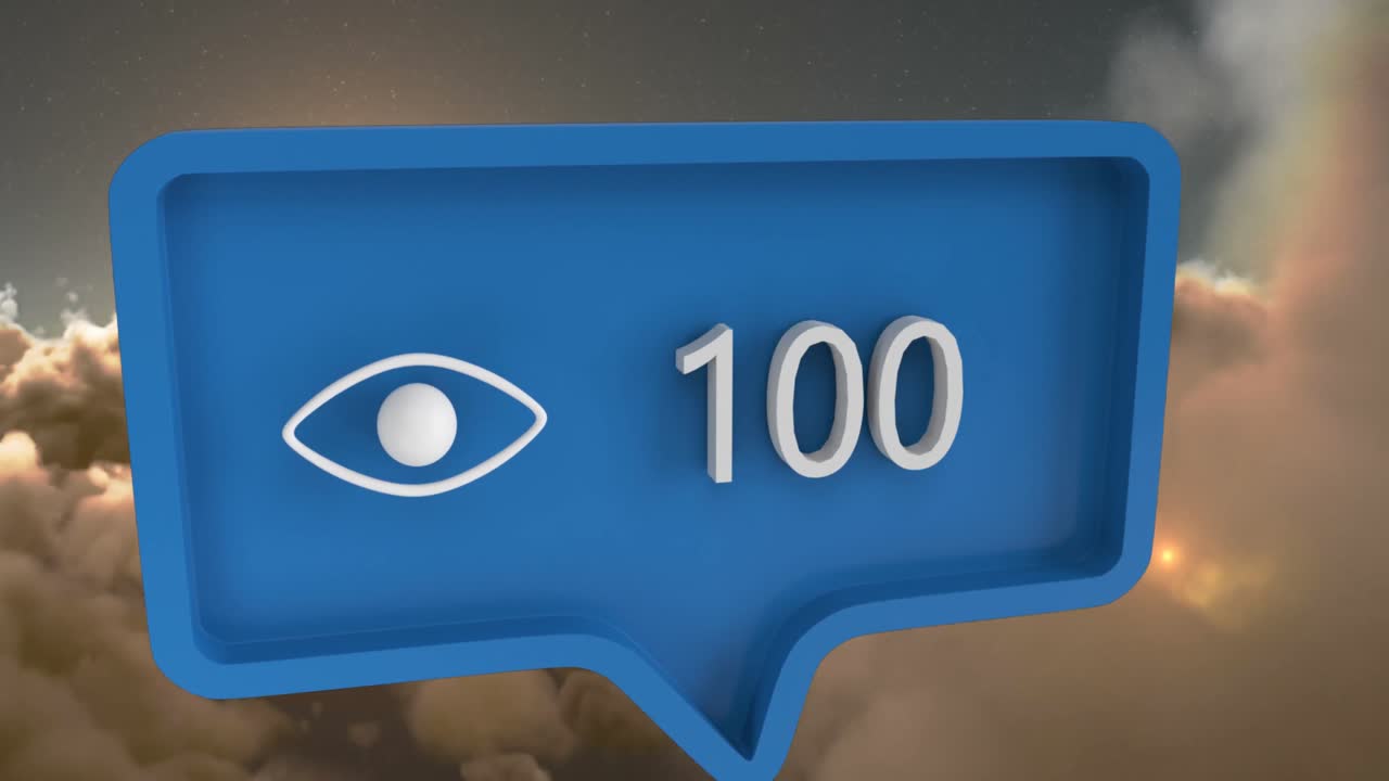 animación del icono del ojo con números en la burbuja del habla sobre el cielo y las nubes