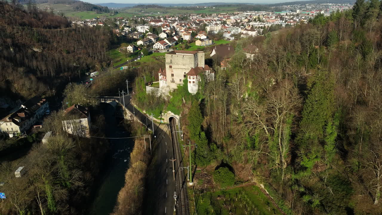 Beautifull historical Schloss Angenstein builded on a hill with a great view on the highway and city Aesch