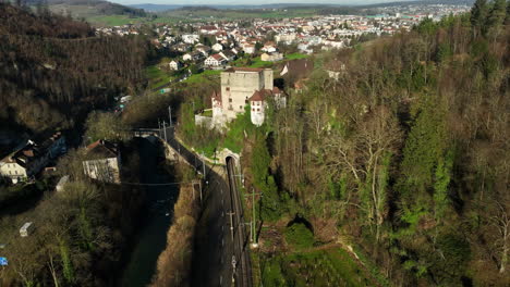 Beautifull-historical-Schloss-Angenstein-builded-on-a-hill-with-a-great-view-on-the-highway-and-city-Aesch