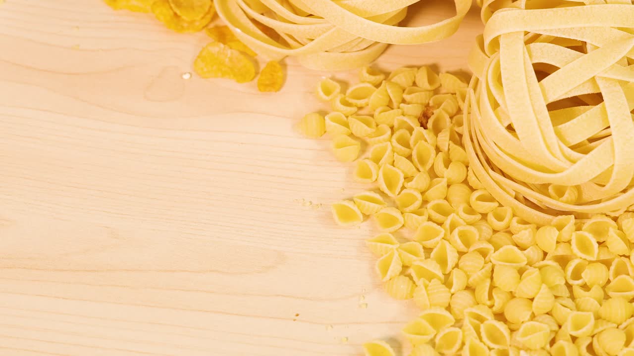 Various pasta types and grains arranged on a light wooden surface with warm lighting