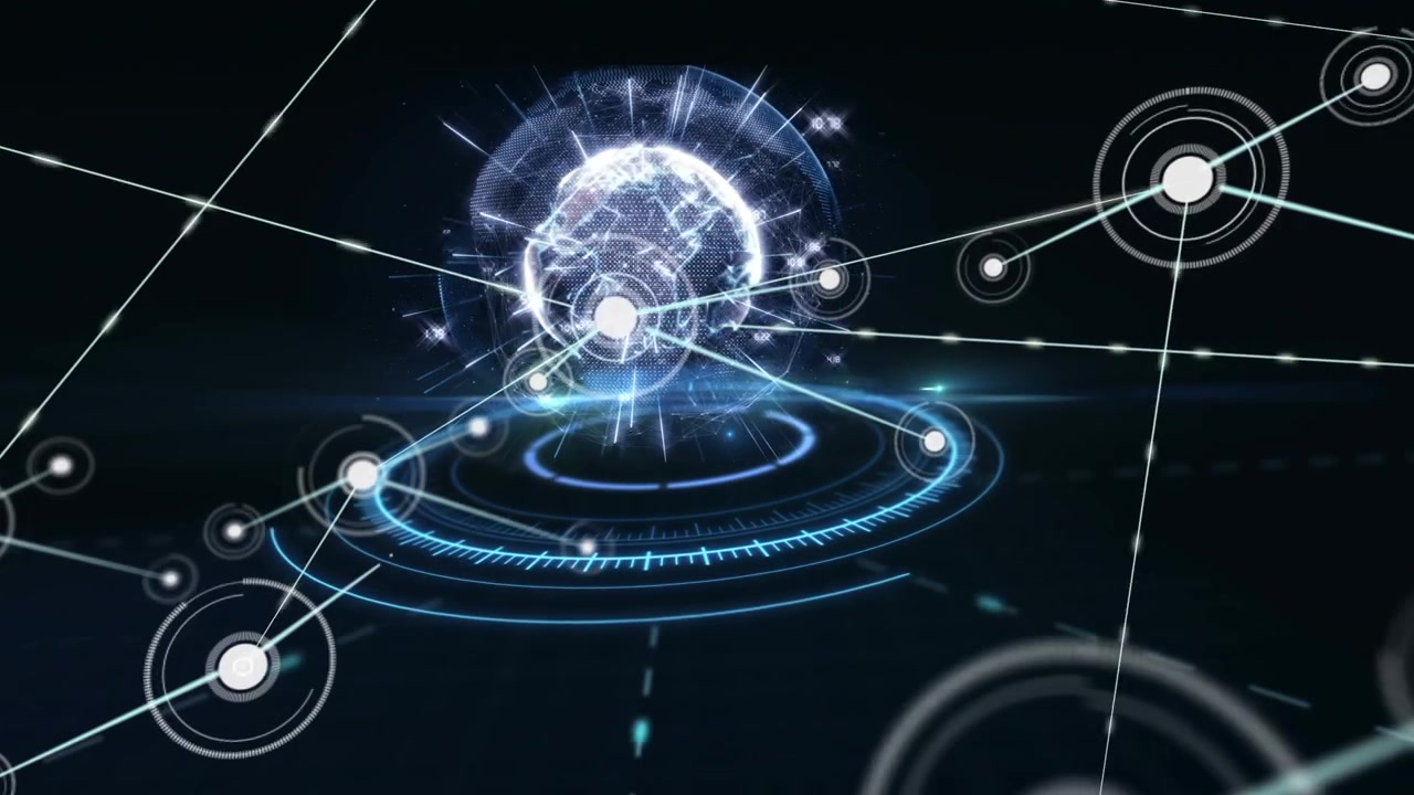 Animation of network of connections over scope scanning and house on black background