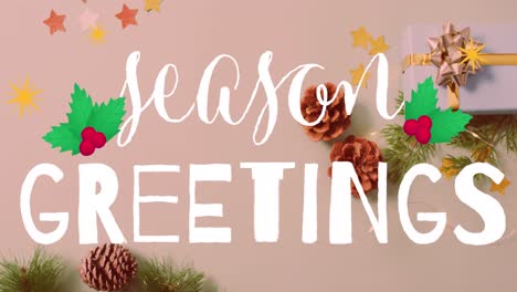 animation of season greetings text over christmas decorations