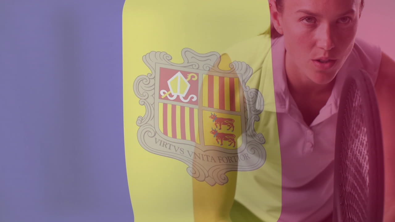 animación de la bandera de andorra sobre una tenista caucásica