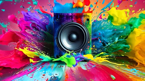 a colorful speaker with colorful paint splatters on a colorful background