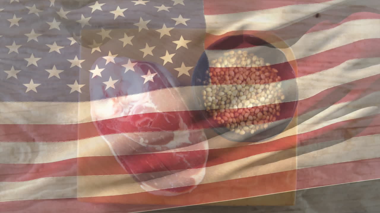 American flag pattern overlaying raw steak and beans in creative animation design