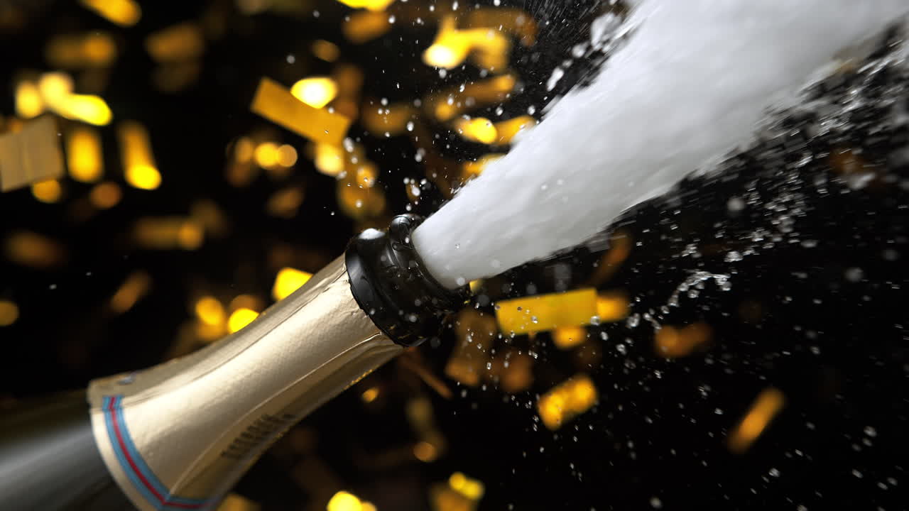 Cork Popping Out Of Champagne Bottle With Golden Confetti In The Background, Slow Motion and Macro