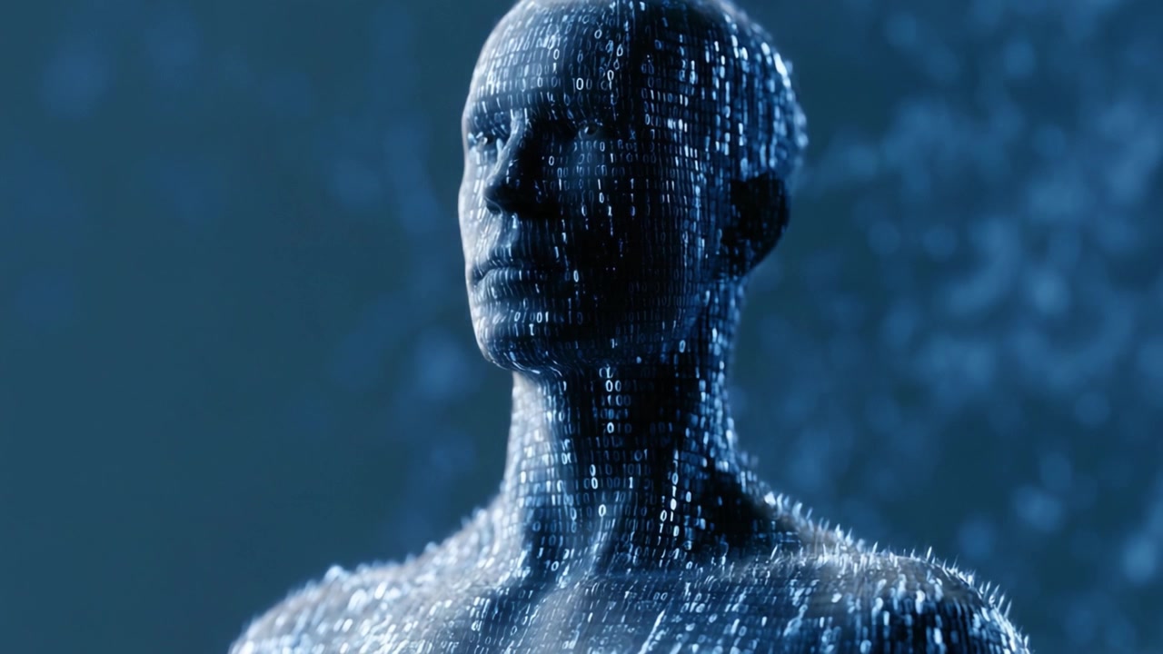 Una rappresentazione umana digitale circondata da un oceano di codice binario, che simboleggia l'intersezione tra tecnologia e umanità in un paesaggio futuristico