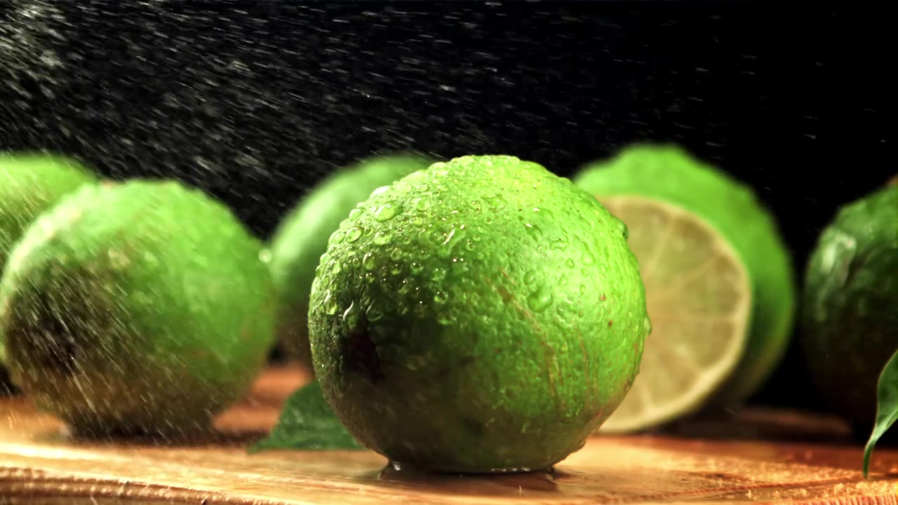 Spruzzi d'acqua su lime verdi freschi