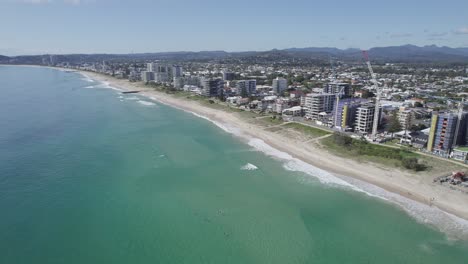 Aerial-View-Of-Coastal-Suburbs-At-Palm-Beach-In-Gold-Coast,-Queensland,-Australia---drone-shot