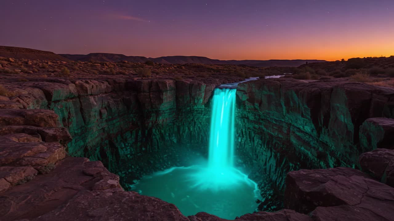 A Captivating Nightscape of a Majestic Waterfall Illuminated by Ethereal Blue Light Cascading into a Serene Pool, Set Against a Starlit Sky