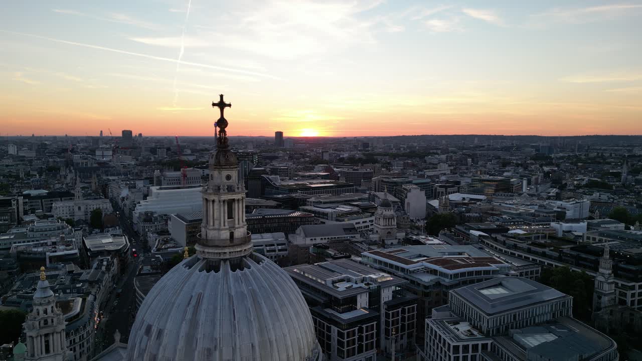 St Paul’s Cathedral London, reveal of cross on dome , drone aerial view sunset