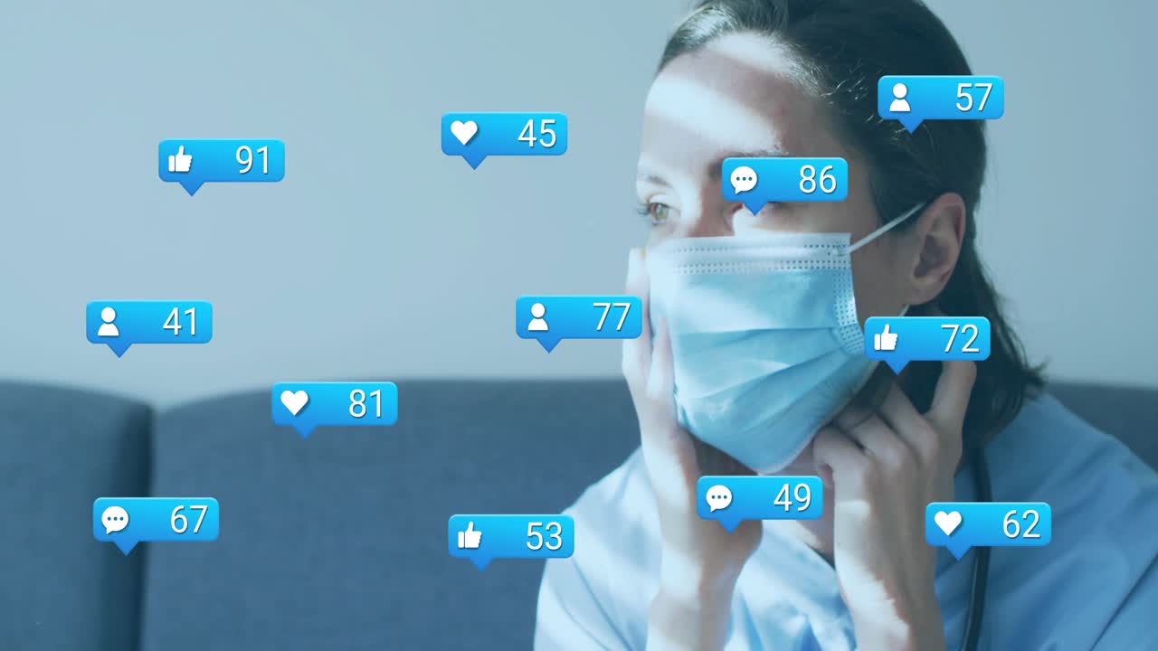 Nurse adjusting mask under blinds stripes, watching notification icons showing engagement surge