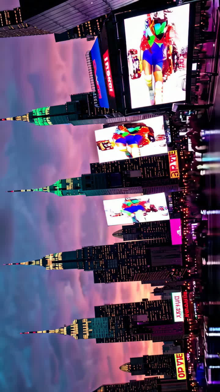 Cityscape at Dusk with Illuminated Skyscrapers and Billboards