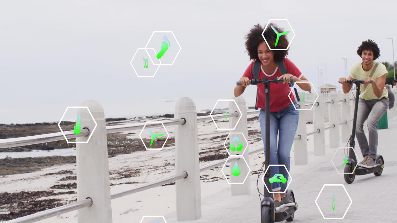 montar scooters eléctricos, personas con animación de datos ambientales sobre el camino costero