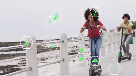 riding electric scooters, people with environmental data animation over coastal pathway