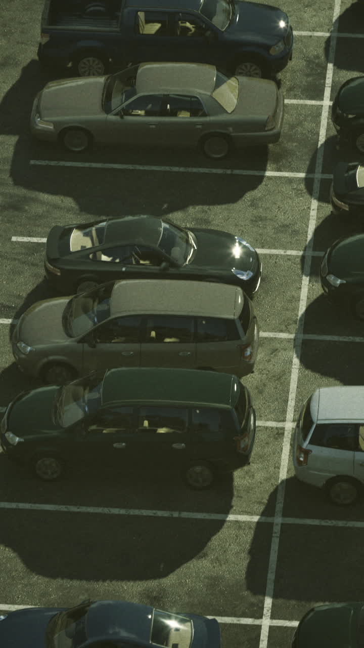 Cars park in a structured layout at a parking lot in the afternoon sun