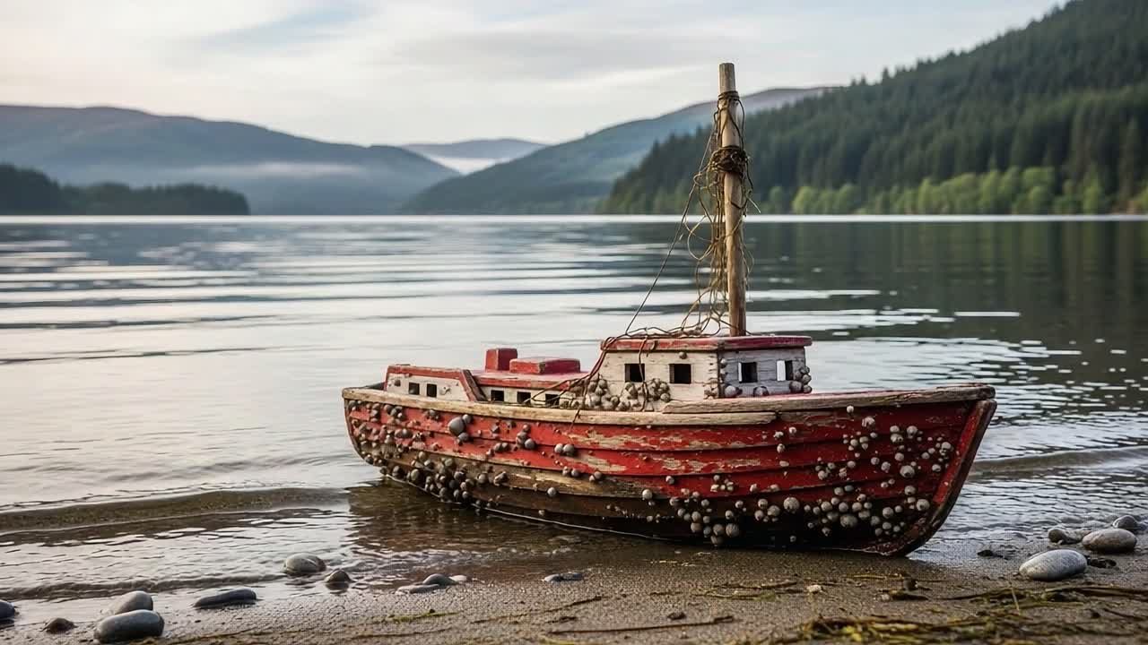 A Captivating View of a Vintage Model Boat Sitting on Sandy Shoreline by a Tranquil Lake Surrounded by Lush Green Hills and Reflections at Dawn