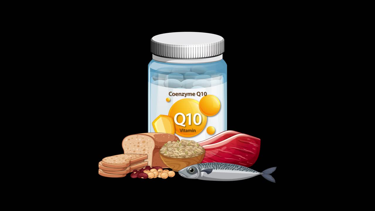 Coenzyme Q10 supplement bottle appears with fish, nuts, seeds, and tuna on a black background