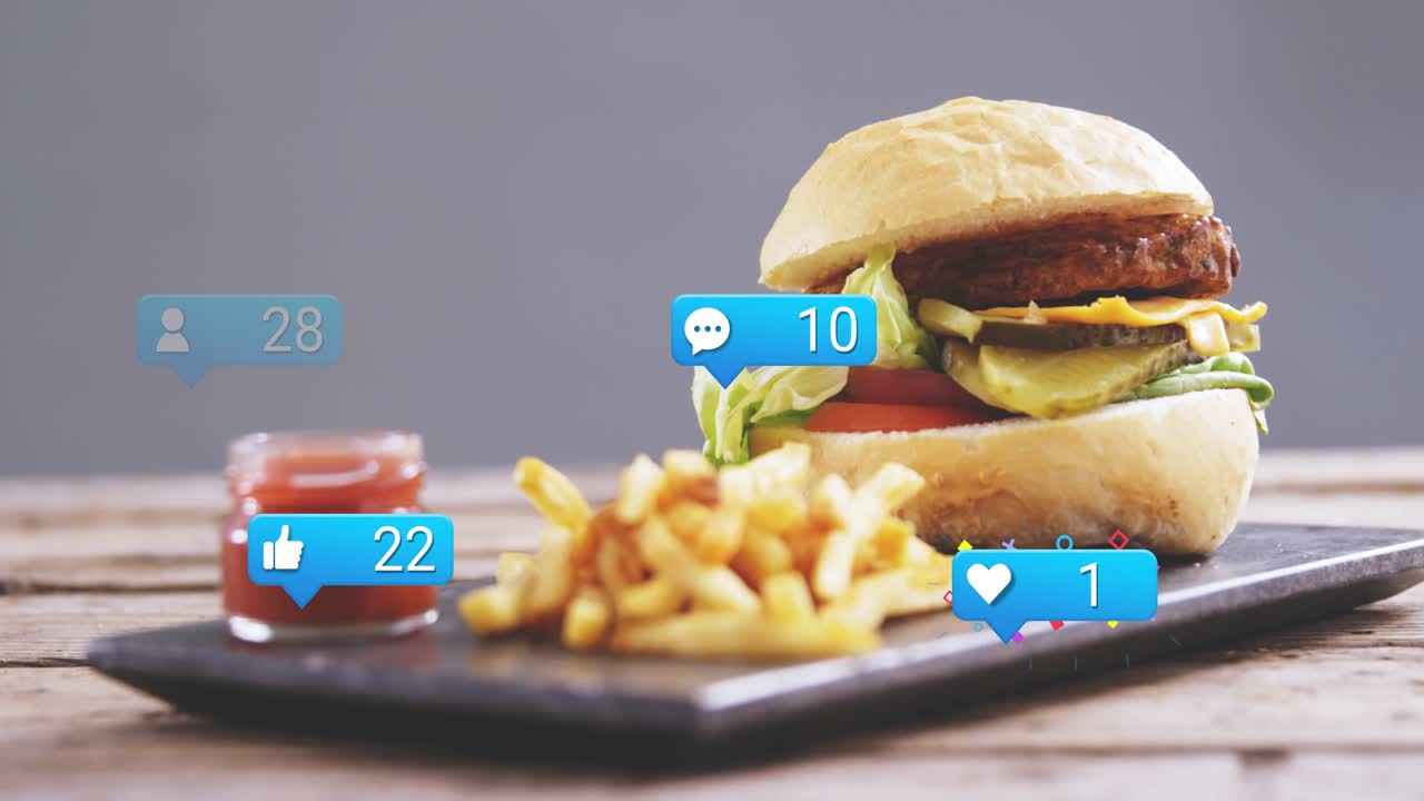 Blank bubble popping bubbles drifting inward burger and fries sliding in, counts rising showing li