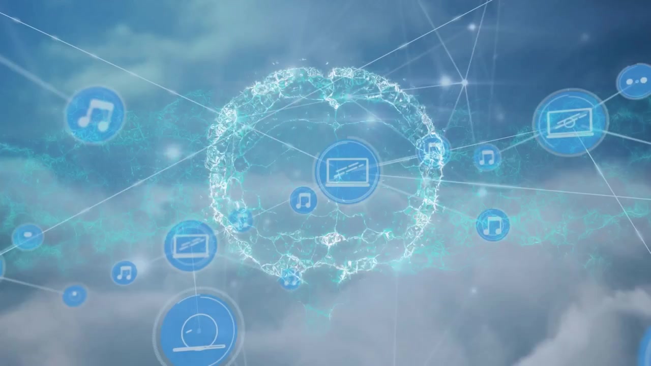 Animation von Netzwerkverbindungen mit Symbolen und menschlichem Gehirn über bewölktem Himmel