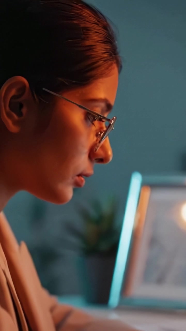 Focused Professional Analyzing Documents in Dimly Lit Room, Exuding Concentration and Determination While Surrounded by Soft Ambient Lighting and Artistic Decor