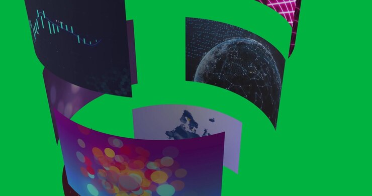 Abstract Digital Screens Rotating on Green Screen Background