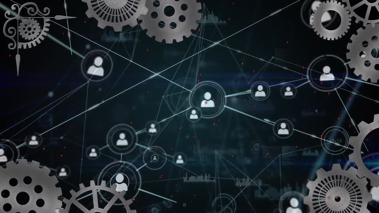 animación de engranajes girando y red de conexiones con iconos de personas