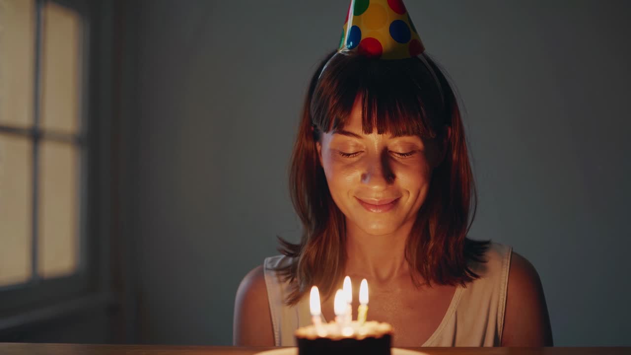 A woman in a party hat smiles with closed eyes in front of a lit cake
