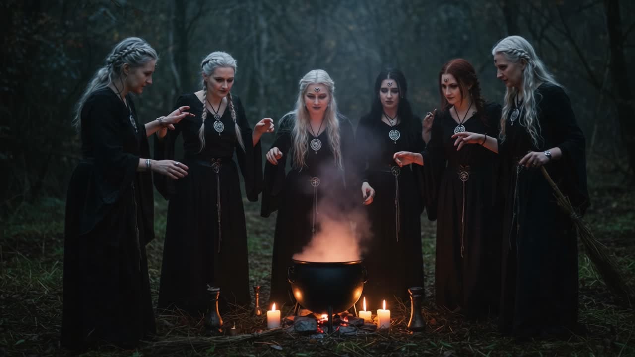 Gathered in a Mystical Forest, Enchanting Figures Cast Spells Around a Bubbling Cauldron Surrounded by Flickering Candles, Evoking an Aura of Ancient Magic and Ritual
