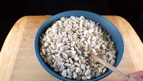 los frijoles blancos se clasifican con una cuchara de madera. legumbres altas en proteínas, frijoles y lentejas para una dieta saludable.