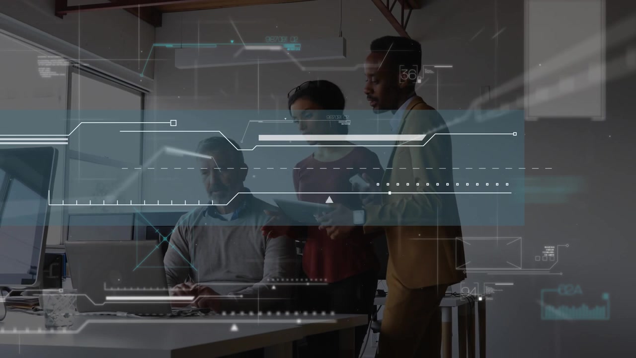Animation of financial data processing over diverse business people in office
