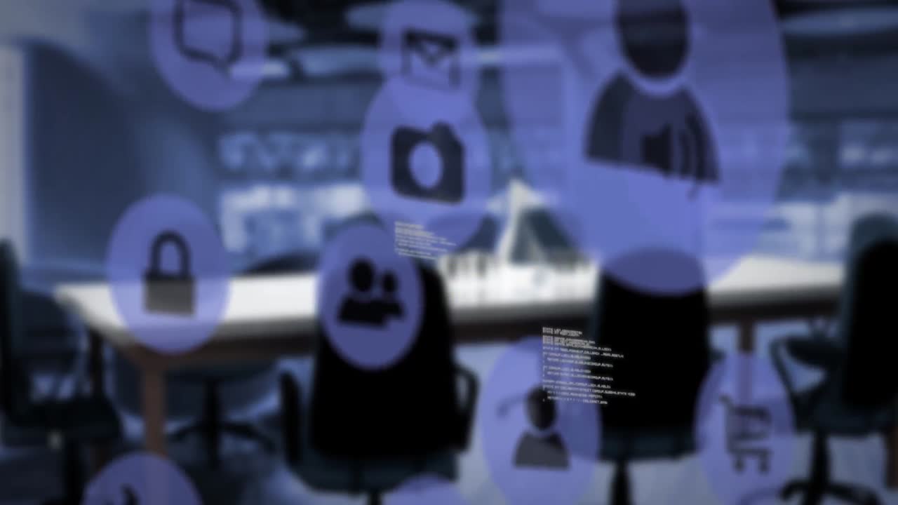 Animation of icons and data processing over blurred office
