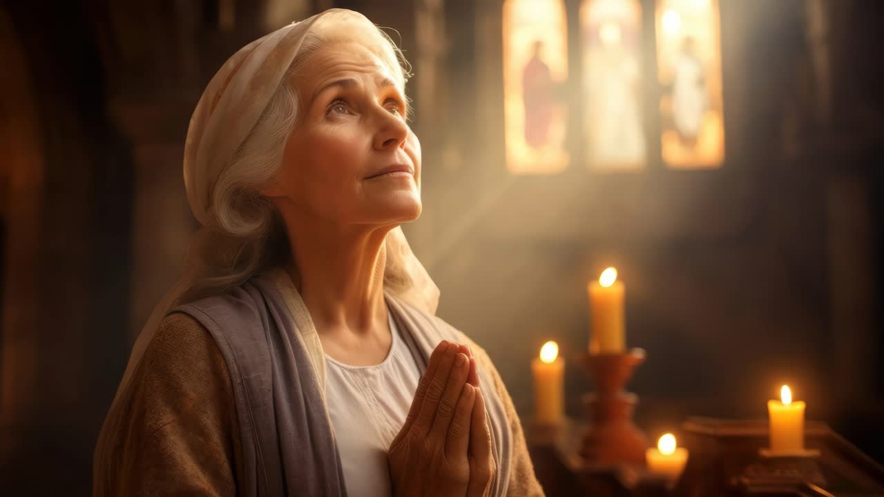 Una scena serena e devota con una donna illuminata delicatamente, catturata da un angolo basso