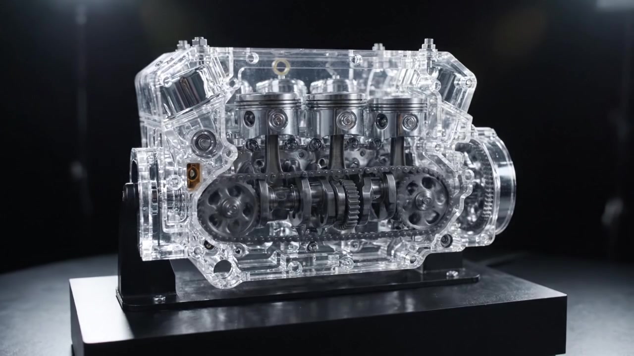 A Stunning Clear View of an Internally Detailed Engine Block Showcasing the Precision Mechanics of an Engine's Pistons and Gears Under Bright Lighting