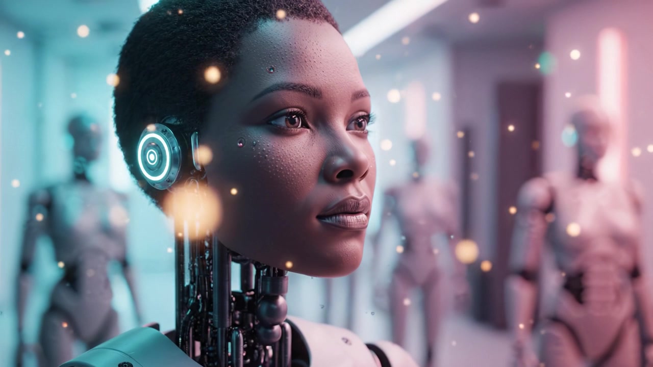 A Futuristic Robot Woman with Enhanced Features and Subtle Emotions Captures Attention in a High-Tech Environment Surrounded by Other Robots