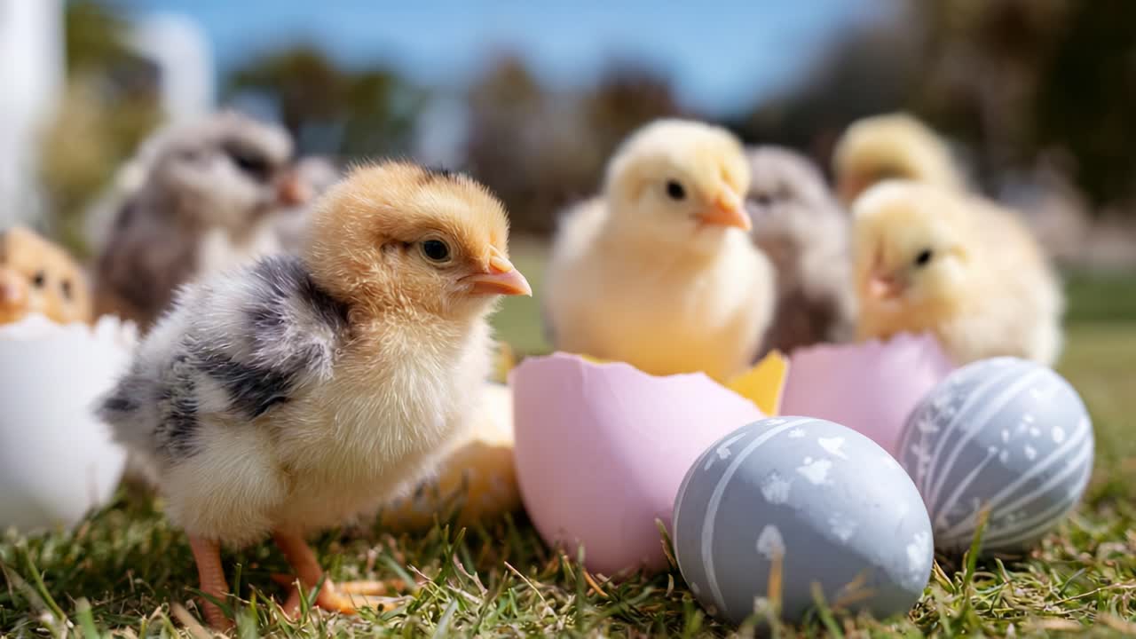 Cute Chicks and Easter Eggs in Spring