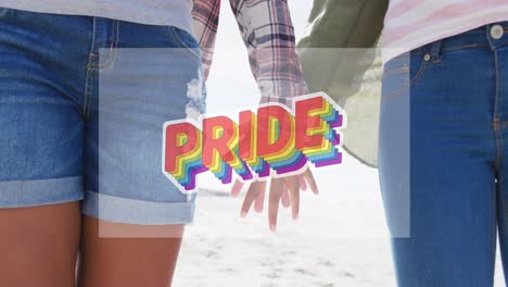 animation of rainbow pride over midsection of lesbian couple holding hands outdoors