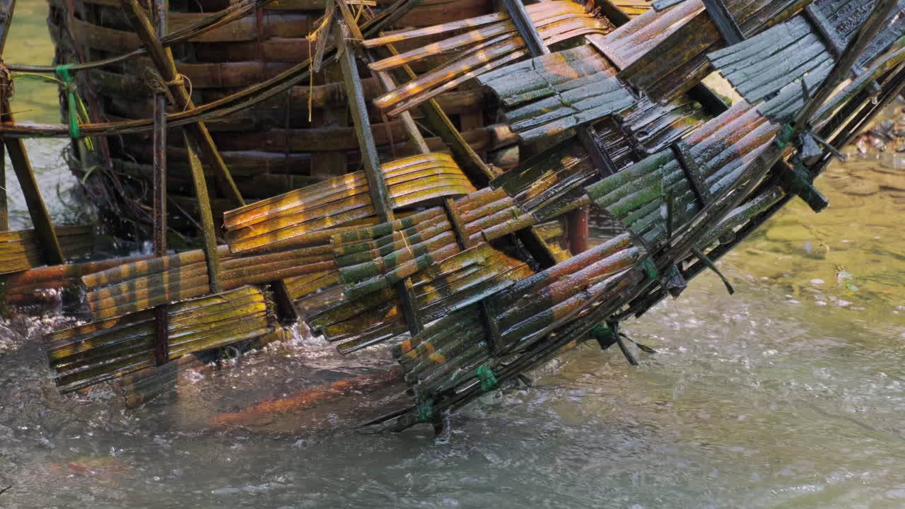 Traditional Bamboo-Made Water Wheel On The Cham River In Vietnam, Pu Luong Nature Reserve. Close-up Shot