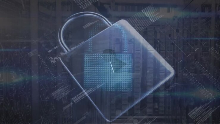 Animation of padlock and data processing over computer servers