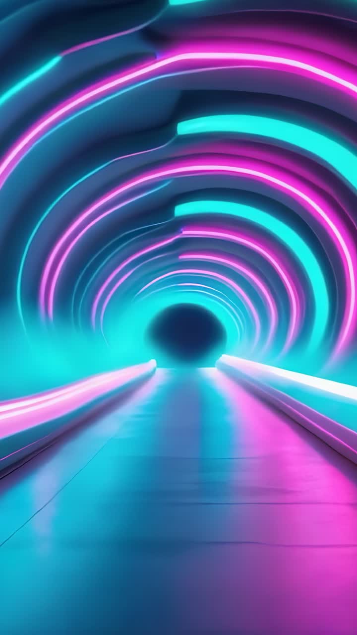 Vertical video: At start camera flying through neon tunnel with rings, rails, foggy metal walkway